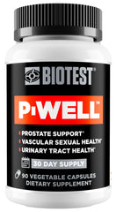 Biotest P-Well bottle front with 30 servings and prostate support in view.