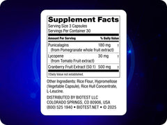 Biotest P-Well bottle label close-up showing pomegranate extract and lycopene.