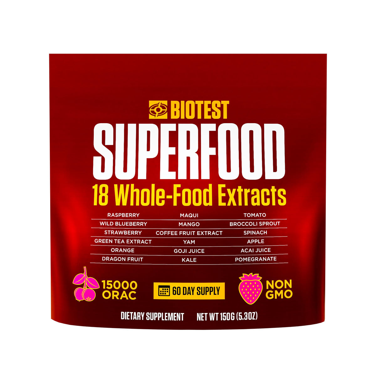 Biotest Superfood berry-dense polyphenols bottle promotes daily wellness with berry polyphenol blend