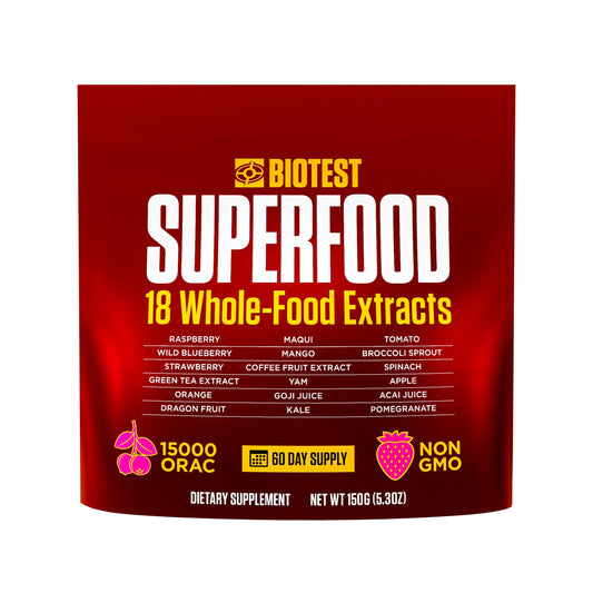 Biotest Superfood berry-dense polyphenols bottle promotes daily wellness with berry polyphenol blend