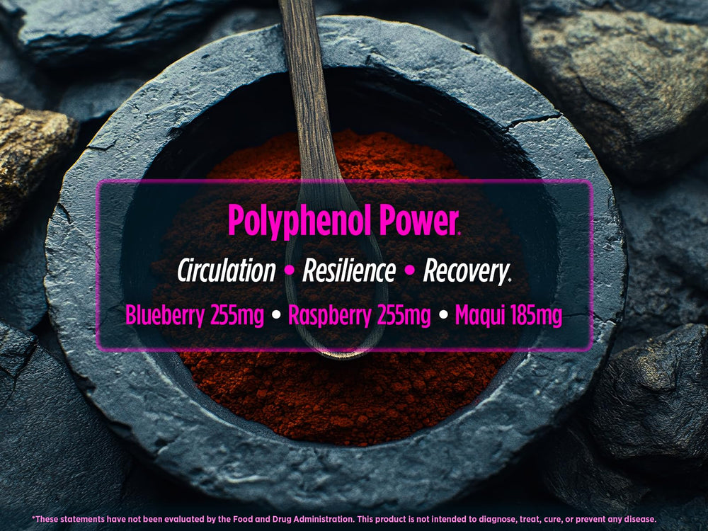 Biotest Superfood closeup emphasizes freeze-dried berries and anthocyanins
