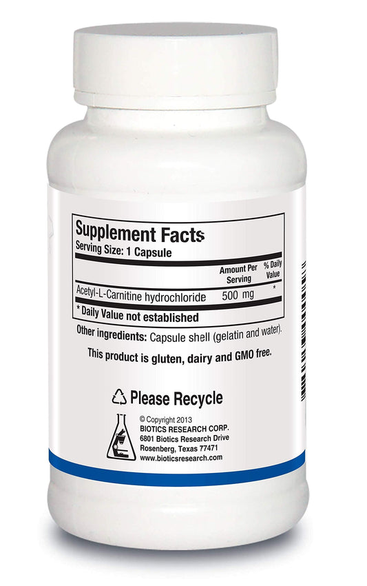 Biotics Research Acetyl L-Carnitine capsules close-up for daily energy and focus.