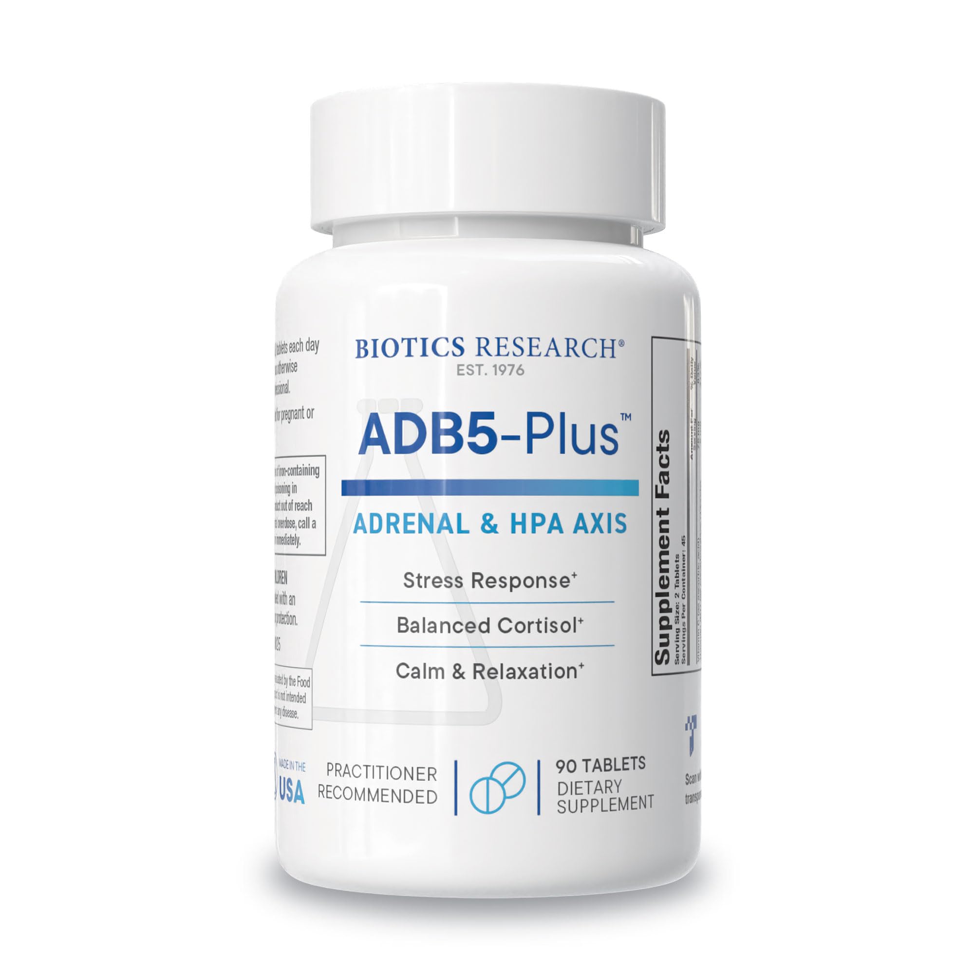 BIOTICS RESEARCH ADB5-Plus bottle showing adrenal support for daily energy.