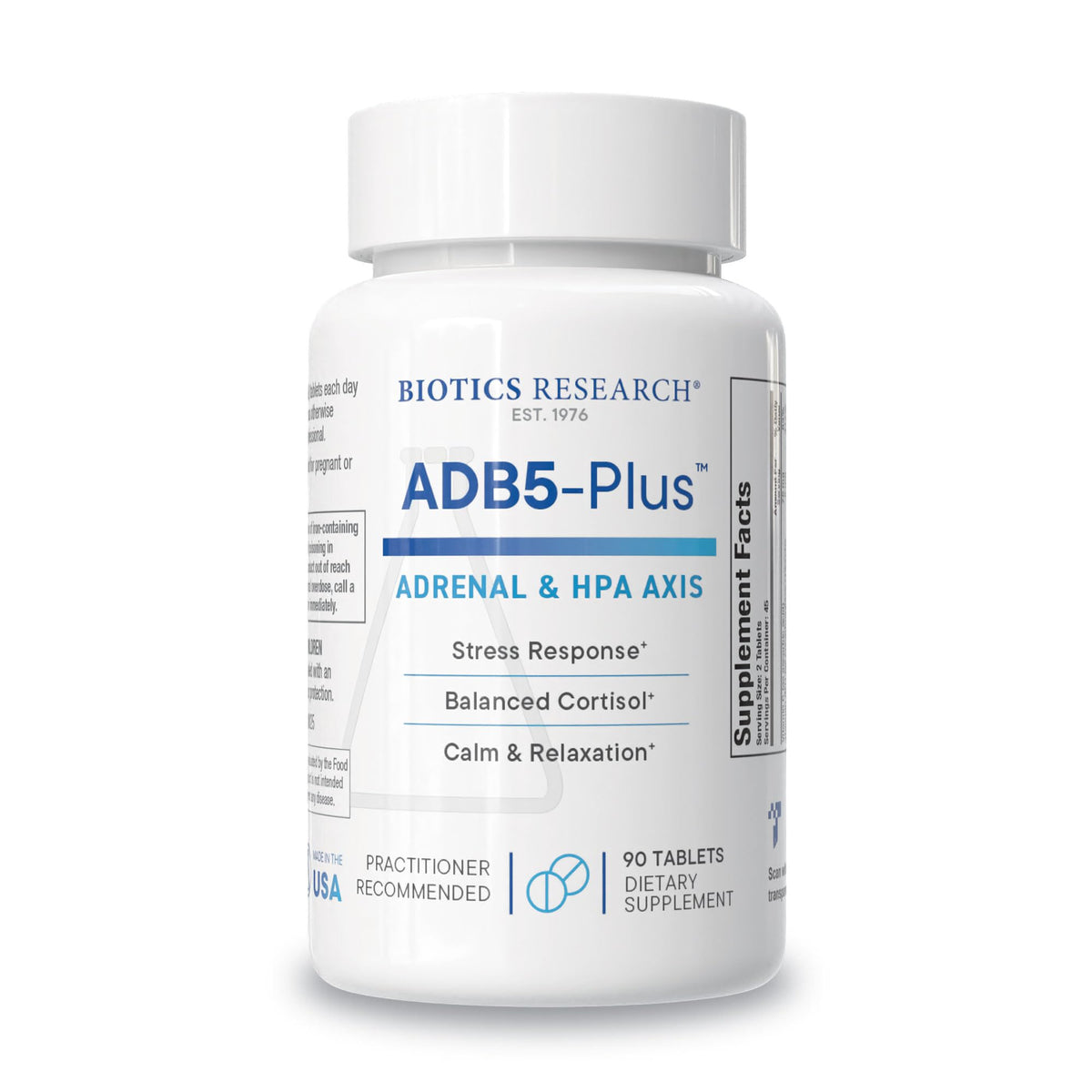 BIOTICS RESEARCH ADB5-Plus bottle showing adrenal support for daily energy.