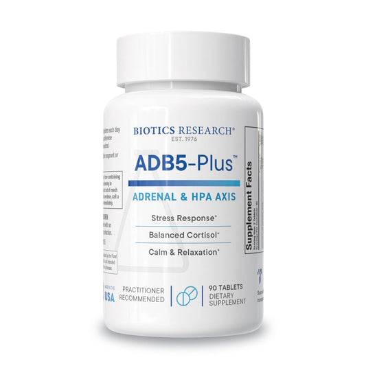 BIOTICS RESEARCH ADB5-Plus bottle showing adrenal support for daily energy.