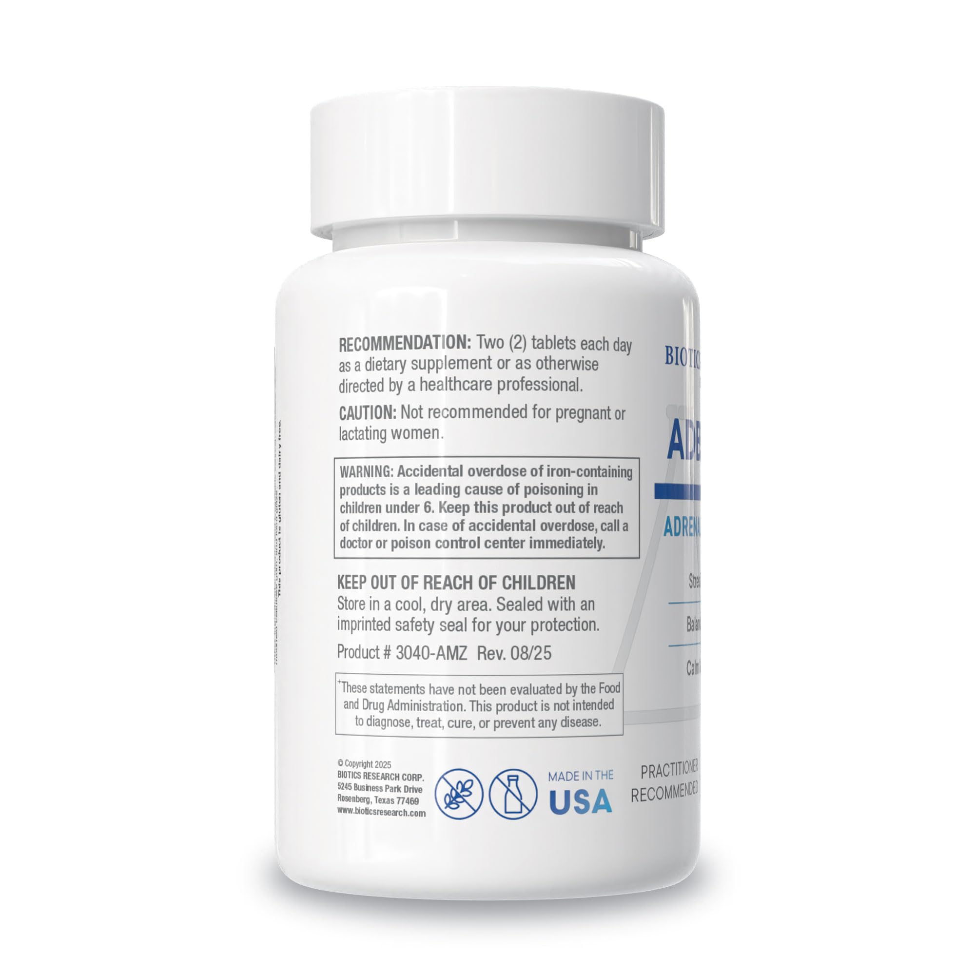 BIOTICS RESEARCH ADB5-Plus label closeup with ingredients and cortisol-friendly notes.