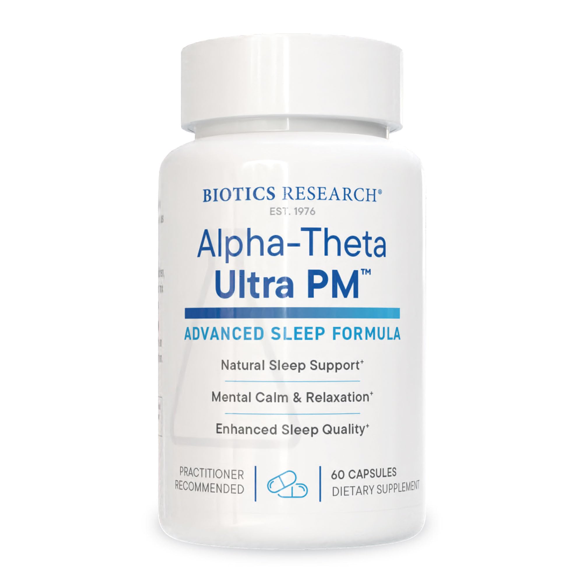 Biotics Research Alpha Theta Ultra PM L capsule closeup showing calming formula for restful sleep.