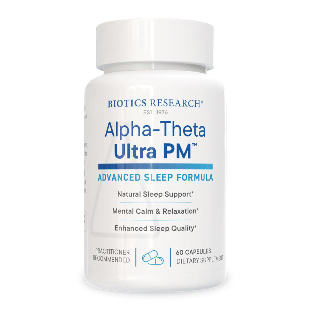 Biotics Research Alpha Theta Ultra PM L capsule closeup showing calming formula for restful sleep.