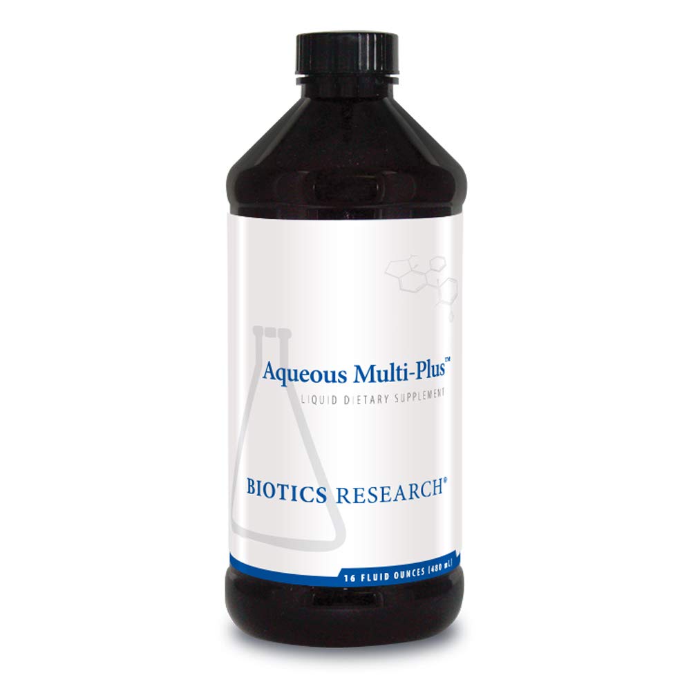 Biotics Research Aqueous Multi-Plus bottle label shows a full-spectrum vitamin and mineral formula.