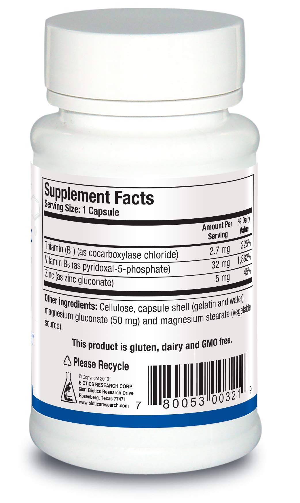 Biotics Research B6 B1 Plus Zinc capsules closeup highlighting zinc benefits.