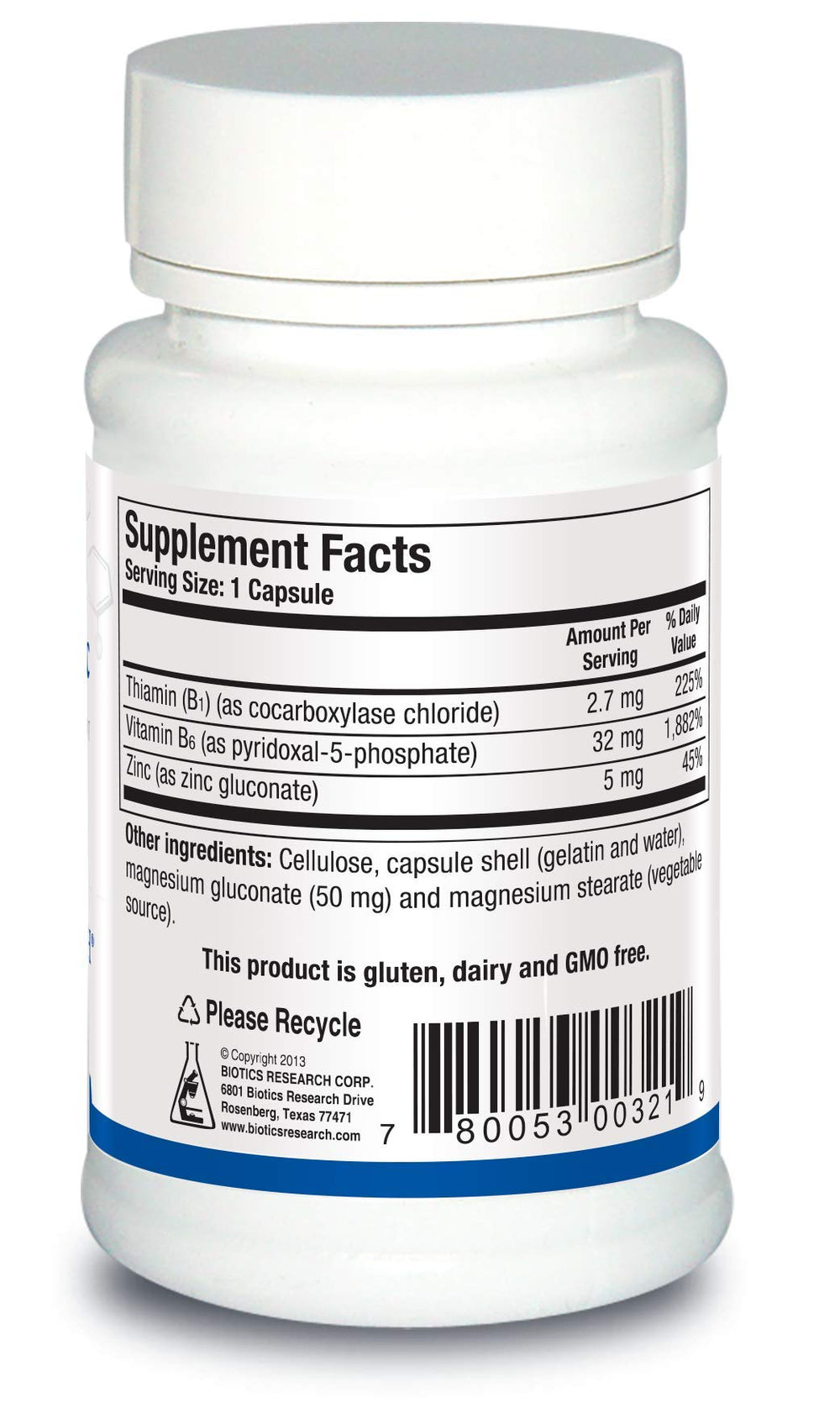 Biotics Research B6 B1 Plus Zinc capsules closeup highlighting zinc benefits.