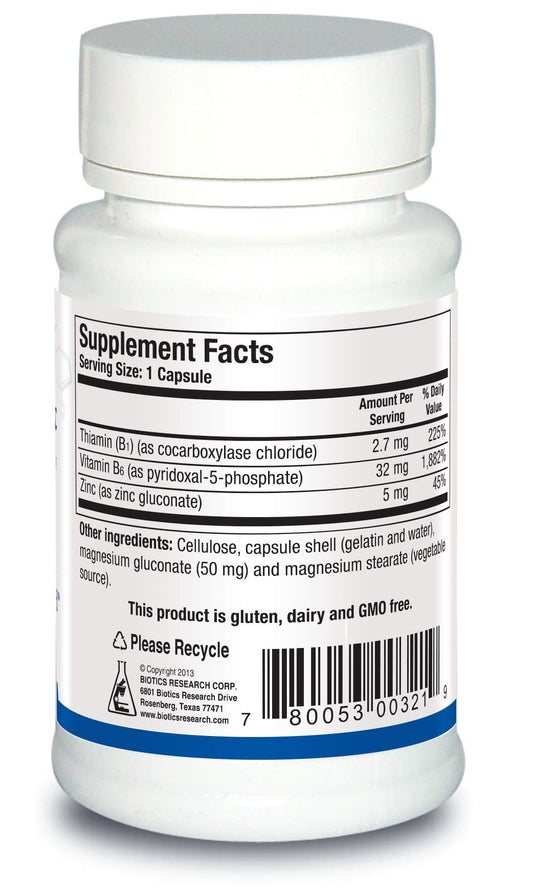 Biotics Research B6 B1 Plus Zinc capsules closeup highlighting zinc benefits.