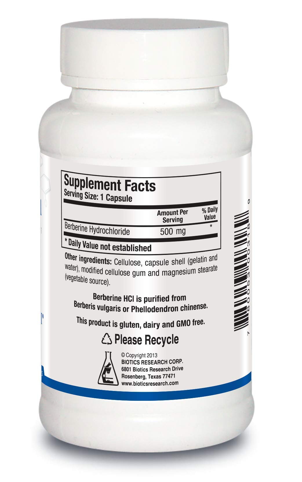 Biotics Research Berberine HCl capsules inside bottle for convenient daily use.