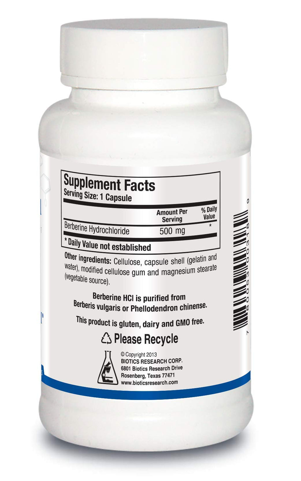 Biotics Research Berberine HCl capsules inside bottle for convenient daily use.
