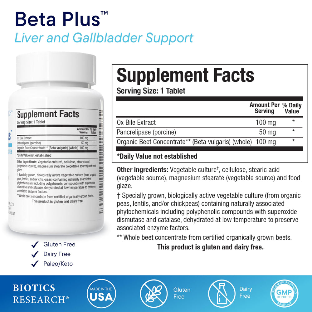 Biotics Research Beta-Plus bottle back label shows ingredients and dosage for bile support.