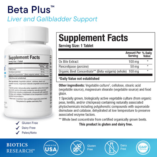 Biotics Research Beta-Plus bottle back label shows ingredients and dosage for bile support.