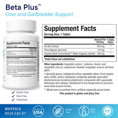 Biotics Research Beta-Plus bottle back label shows ingredients and dosage for bile support.