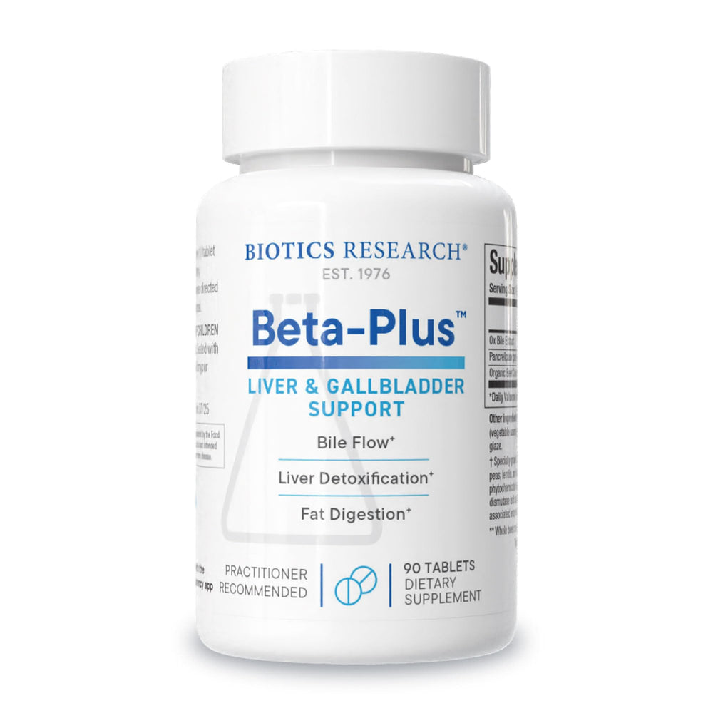 Biotics Research Beta-Plus bottle front promotes daily digestion support.