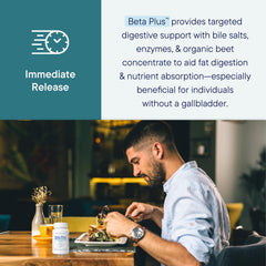 Biotics Research Beta-Plus tablets close-up for convenient fat digestion capsules.