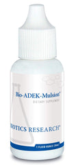 Biotics Research Bio ADEK Mulsion bottle closeup showing emulsified formula for easy absorption.