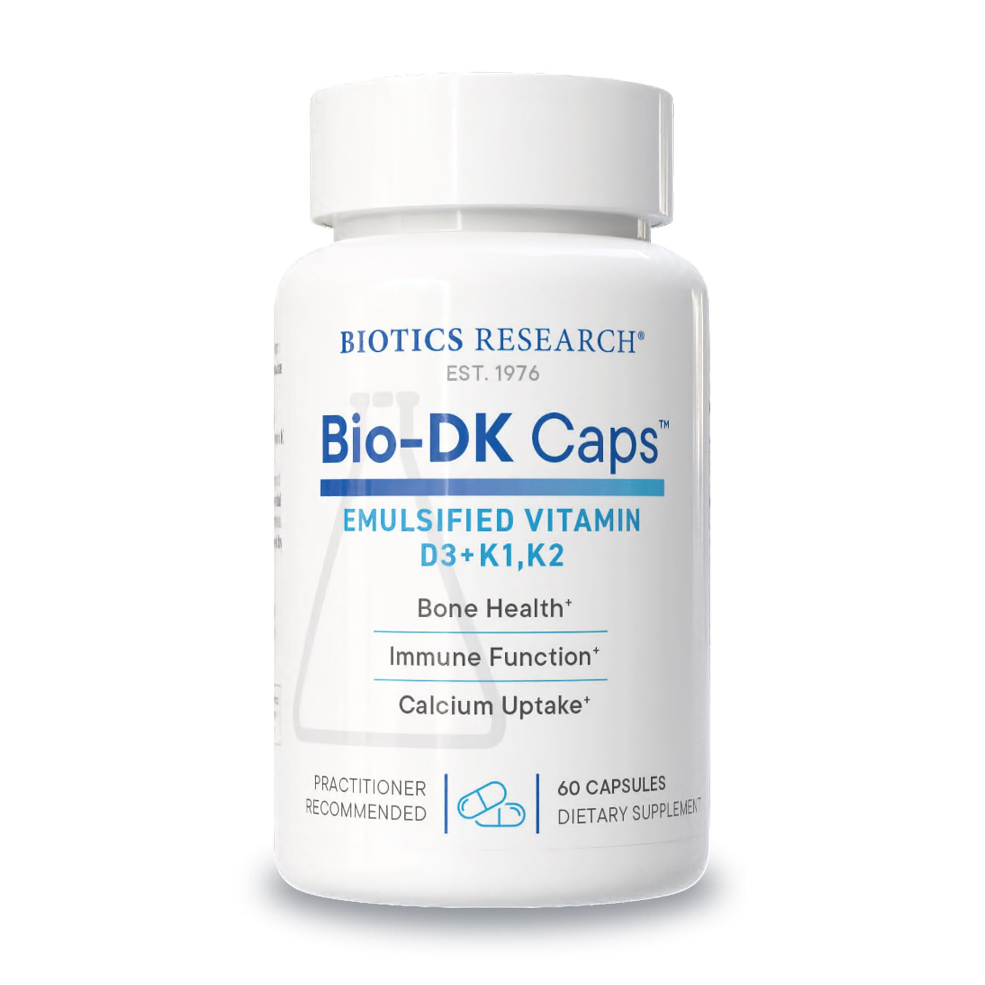 BIOTICS RESEARCH Bio-DK Caps bottle pour showing emulsified D3 and K2 for uptake