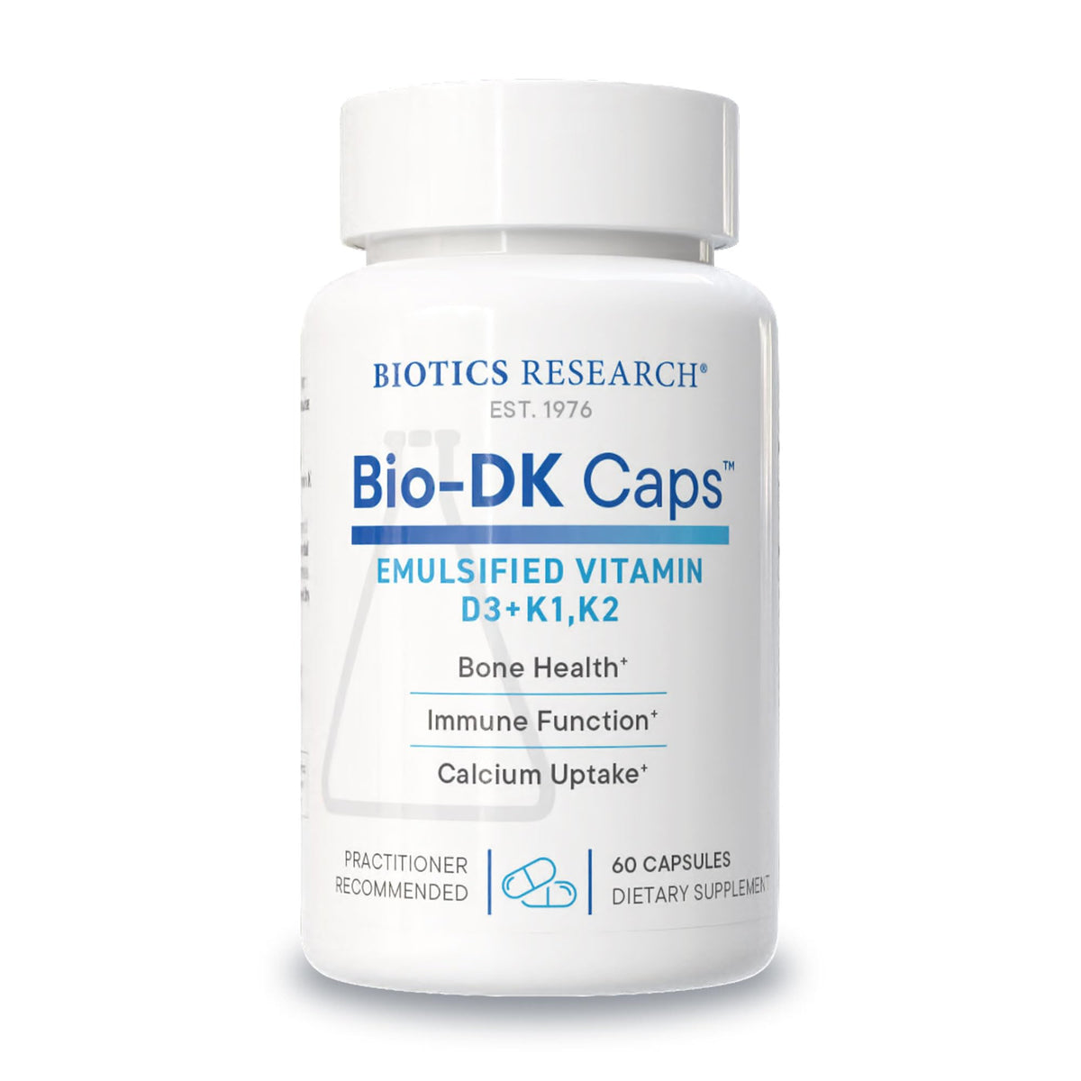 BIOTICS RESEARCH Bio-DK Caps bottle pour showing emulsified D3 and K2 for uptake