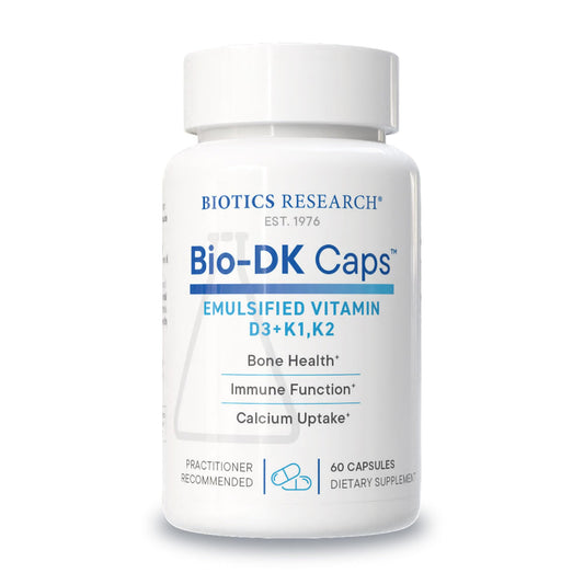 BIOTICS RESEARCH Bio-DK Caps bottle pour showing emulsified D3 and K2 for uptake