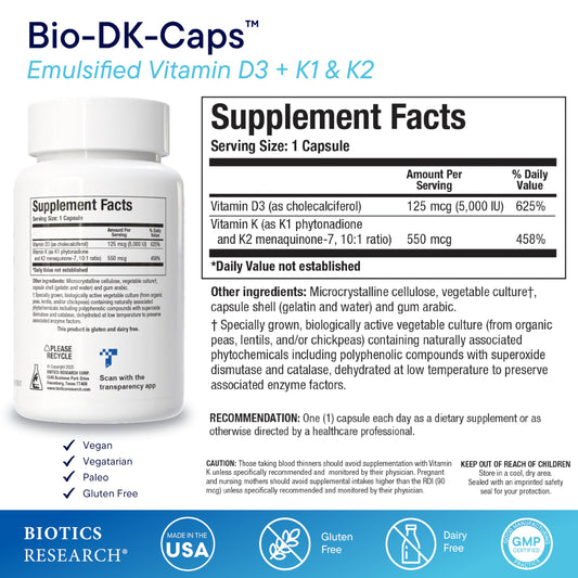 BIOTICS RESEARCH Bio-DK Caps capsules close-up highlighting emulsified formula for higher absorption