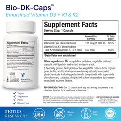 BIOTICS RESEARCH Bio-DK Caps capsules close-up highlighting emulsified formula for higher absorption