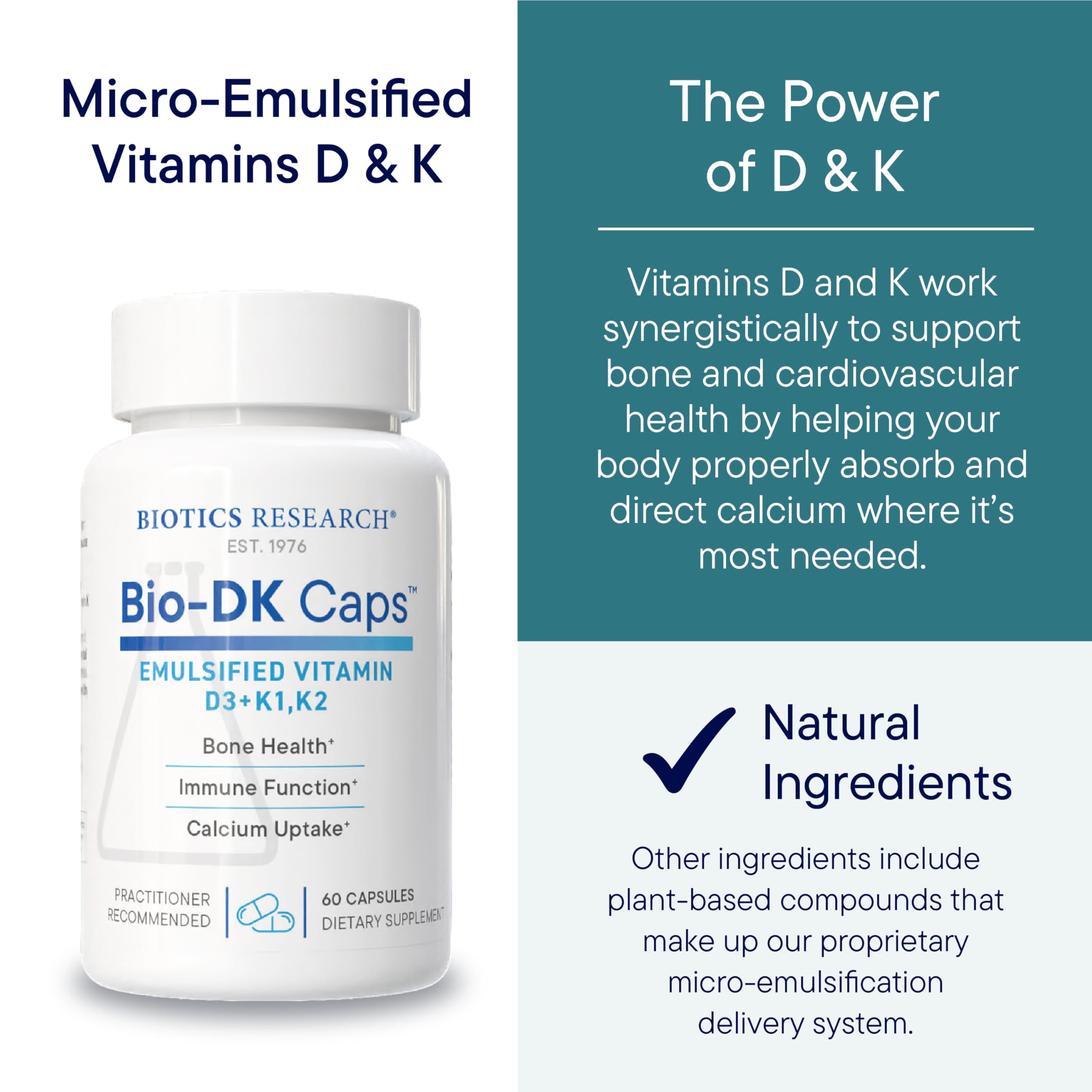 BIOTICS RESEARCH Bio-DK Caps dosage panel shows 125 mcg D3 and 550 mcg MK7