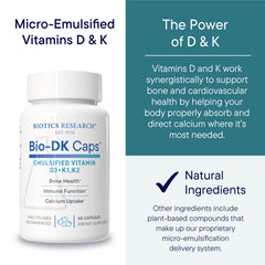 BIOTICS RESEARCH Bio-DK Caps dosage panel shows 125 mcg D3 and 550 mcg MK7