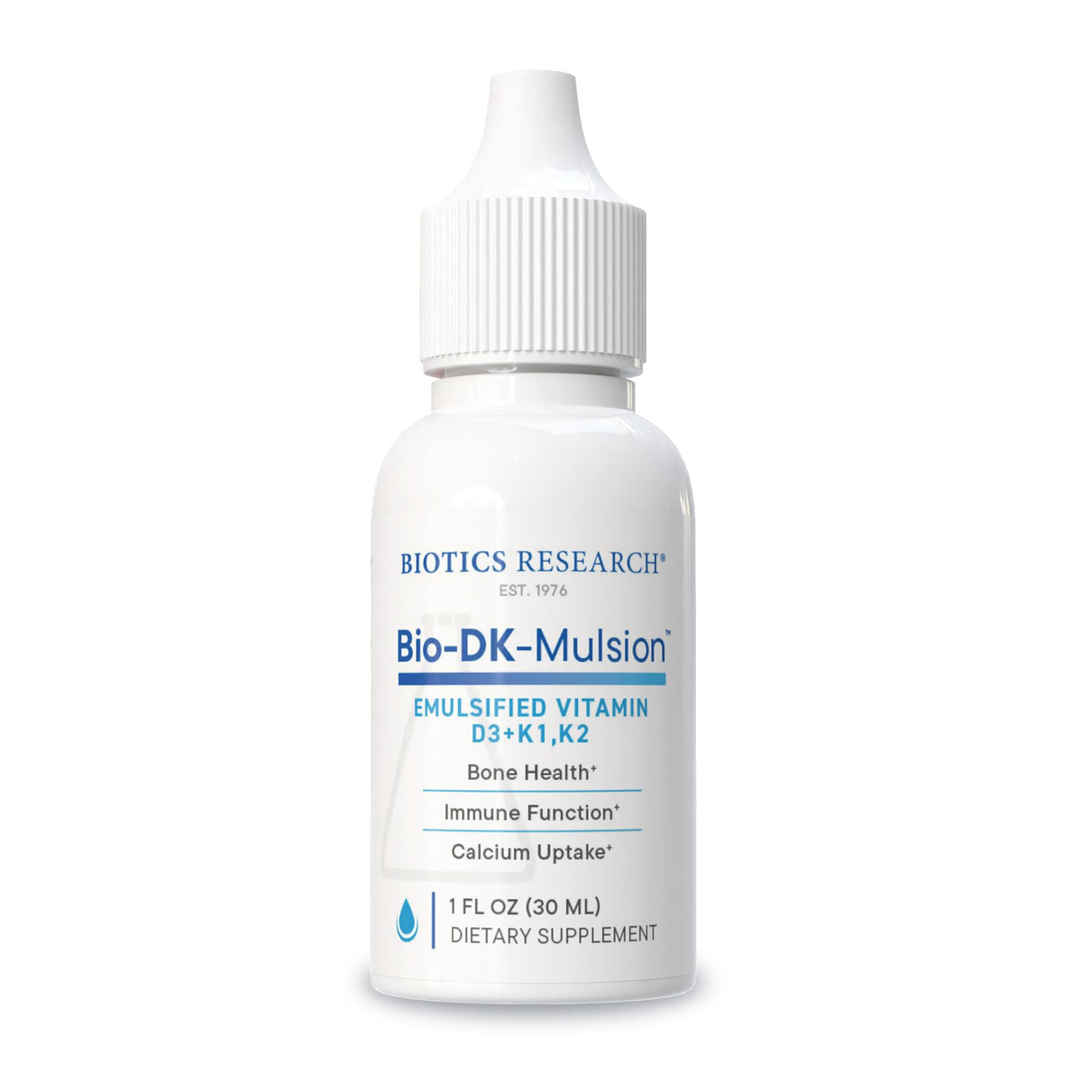 BIOTICS RESEARCH Bio-DK-Mulsion bottle shows emulsified vitamins for better absorption.