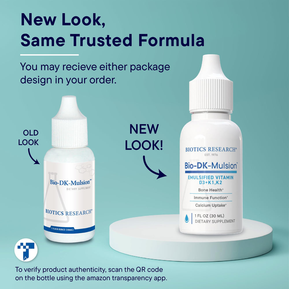 BIOTICS RESEARCH Bio-DK-Mulsion label highlights D and K forms for bone support.