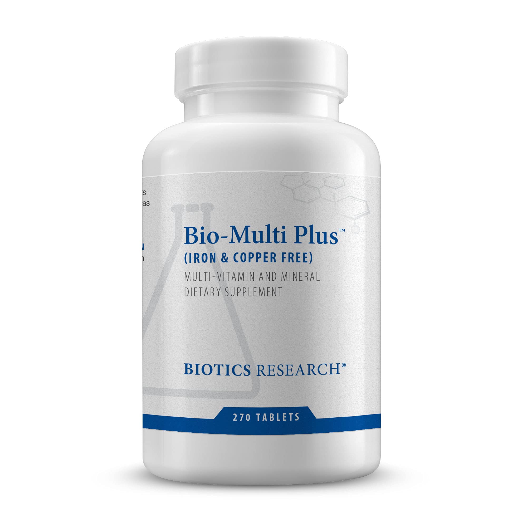 Bio Multi Plus iron-free bottle on countertop for balanced daily nutrition.