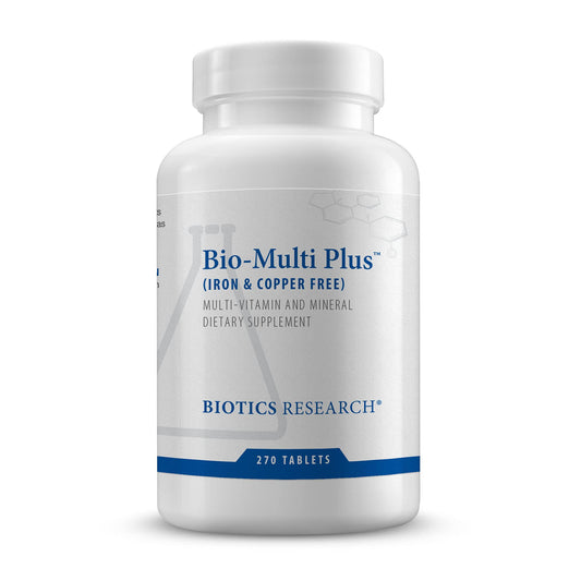 Bio Multi Plus iron-free bottle on countertop for balanced daily nutrition.