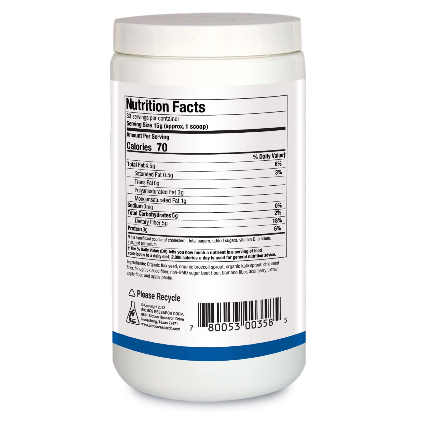 Biotics Research BioFiber Complete powder being poured into a glass, easy to mix