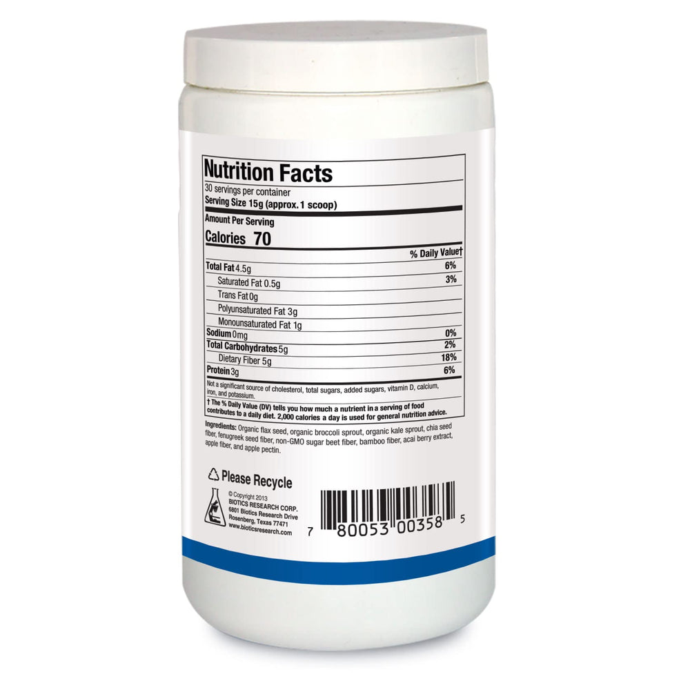 Biotics Research BioFiber Complete powder being poured into a glass, easy to mix