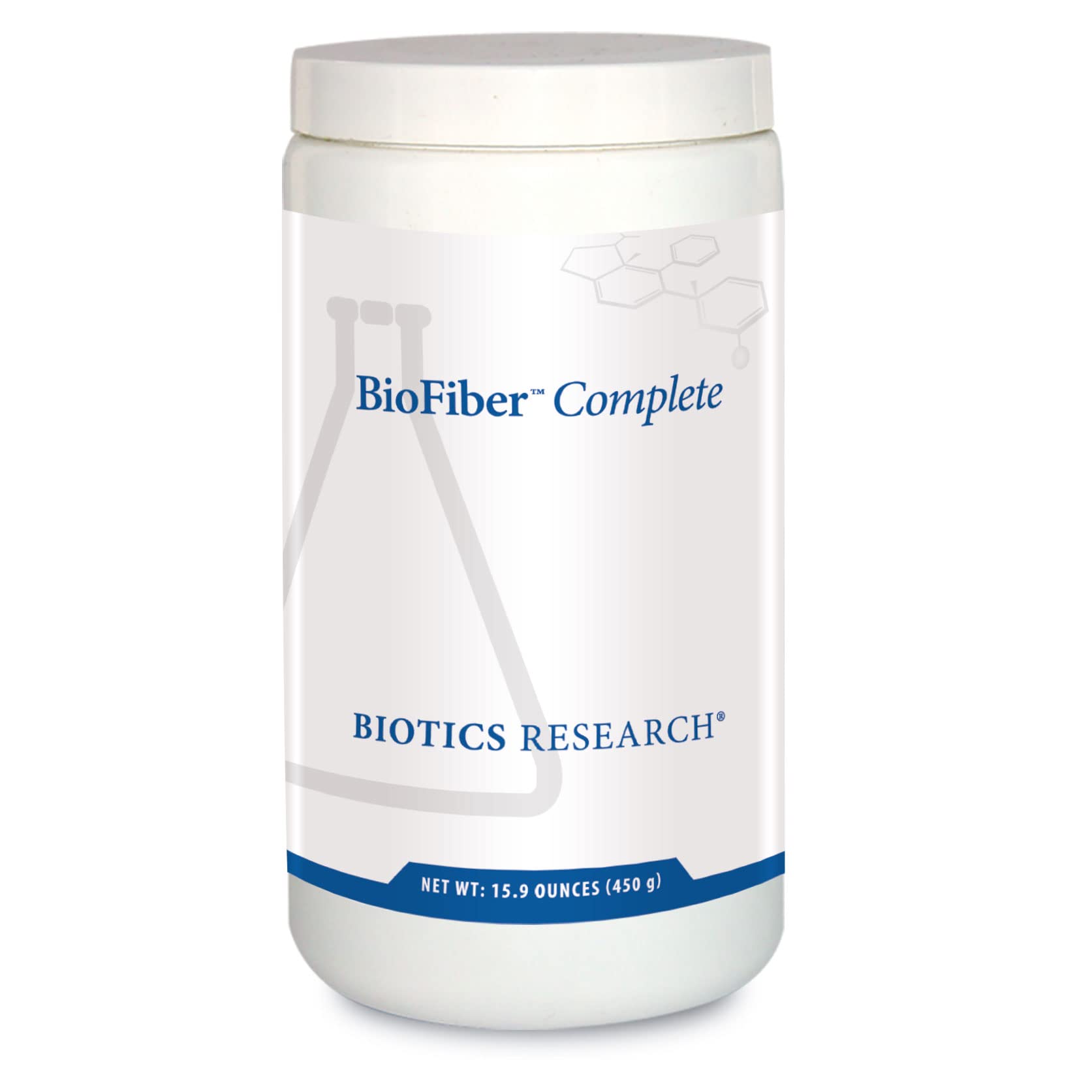 Biotics Research BioFiber Complete tub front view; whole-food fiber blend for daily gut support