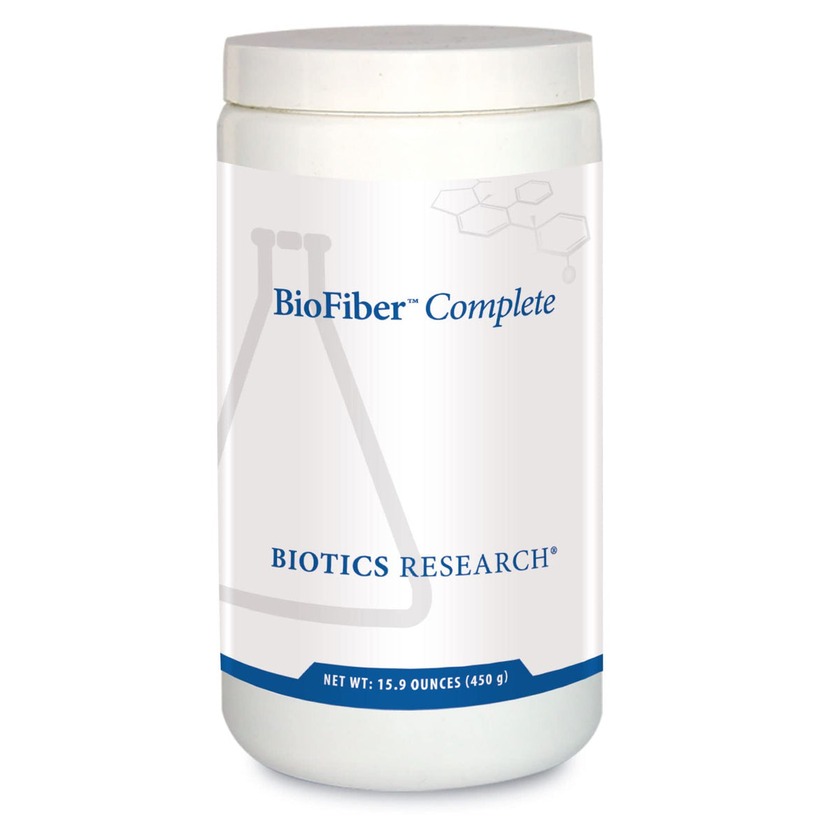 Biotics Research BioFiber Complete tub front view; whole-food fiber blend for daily gut support