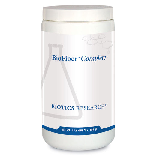 Biotics Research BioFiber Complete tub front view; whole-food fiber blend for daily gut support