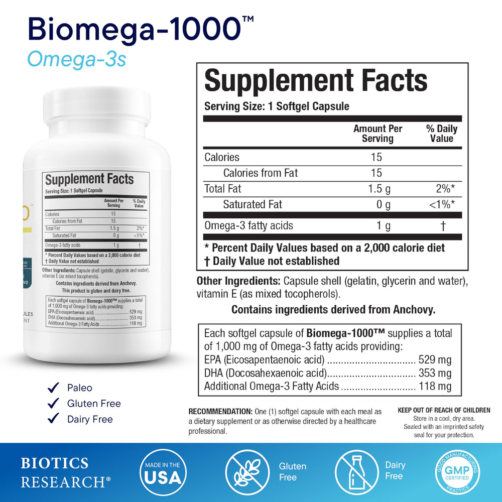 Biotics Research Biomega-1000 capsule closeup highlighting EPA DHA content for brain health