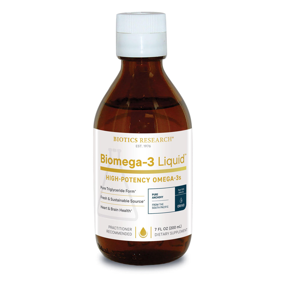 Biotics Research Biomega-3 Liquid bottle pour supports daily omega-3 intake.