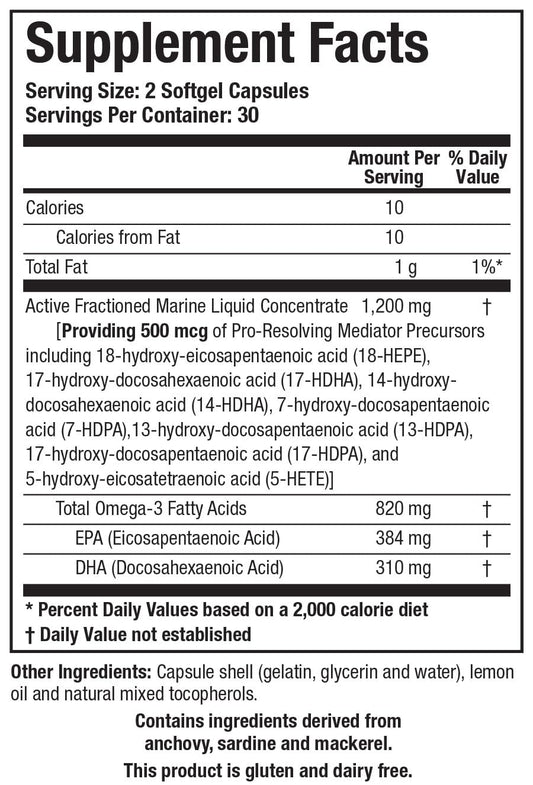 Biomega-SPM bottle label highlighting professional-strength omega metabolites.