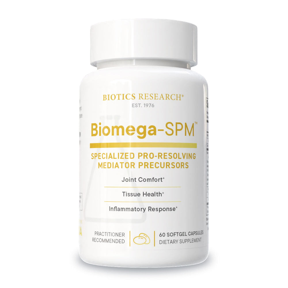 Biotics Research Biomega-SPM mini softgels bottle for daily PRM support.