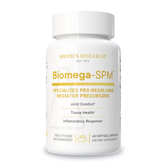 Biotics Research Biomega-SPM mini softgels bottle for daily PRM support.