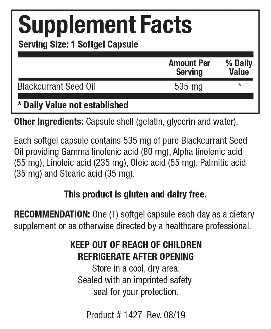 Biotics Research Blackcurrant Seed Oil softgel pour showing daily dose