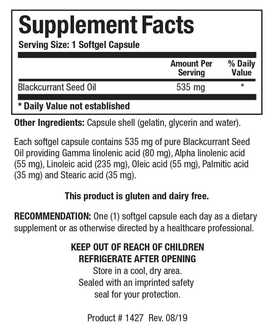 Biotics Research Blackcurrant Seed Oil softgel pour showing daily dose