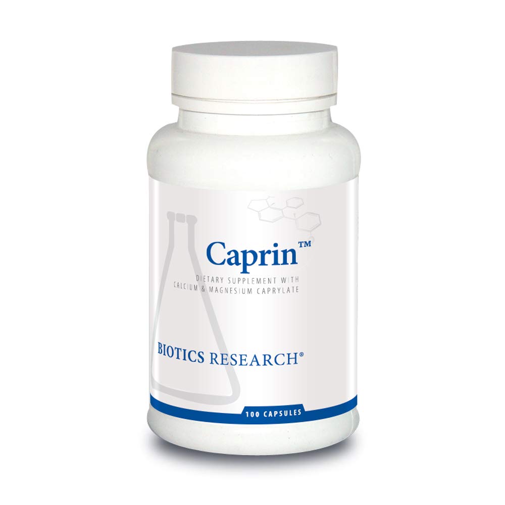 Biotics Research Caprin caprylic acid bottle supports daily gut balance and convenience.