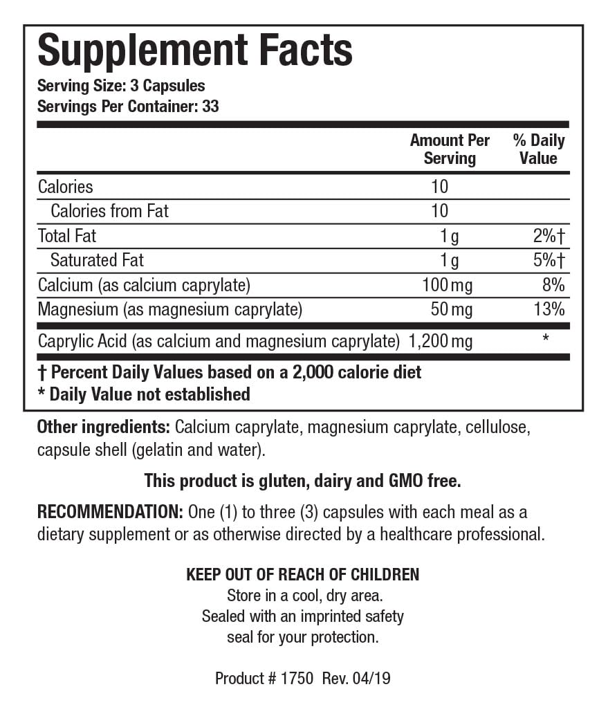 Biotics Research Caprin caprylic acid capsules ready for daily supplementation.