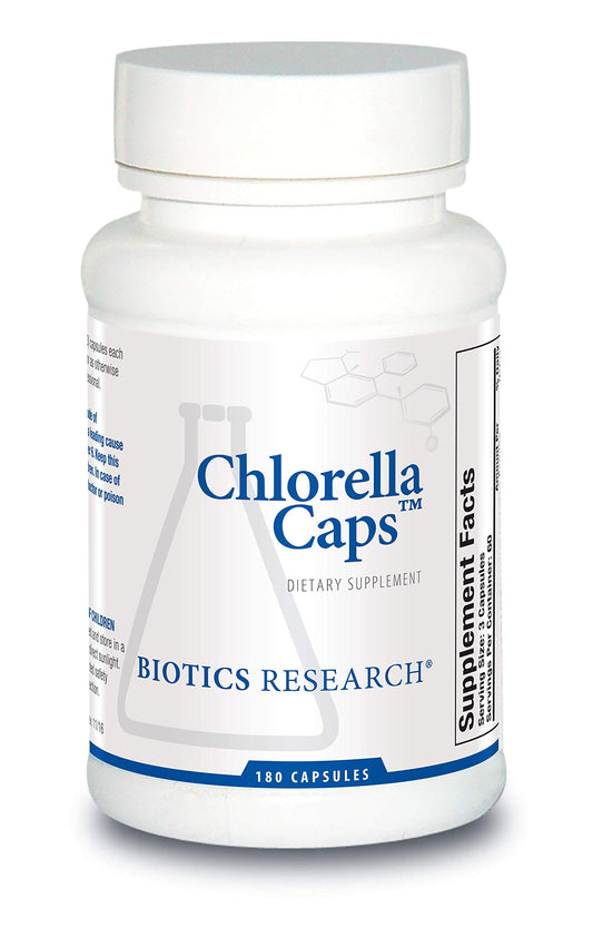 Biotics Research Chlorella capsules bottle for daily nutrient support.